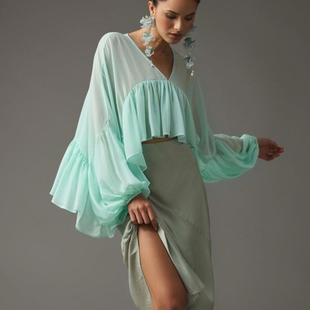 Anthropologie Mint Green Ruffle Crop Blouse - Picture 2 of 13